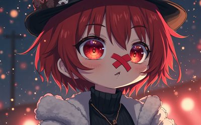 4k, fukas, vinter, vokaloid, natt, manga, röda ögon, anime karaktärer, vocaloid  karaktärer, fukasevokaloid