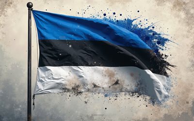 estniska flagga, 4k, estlands flagga på flaggstången, estniska färgstänkflagga, grunge konst, estlands flagg, europa, estlandsflagga, grunge bakgrund, estland