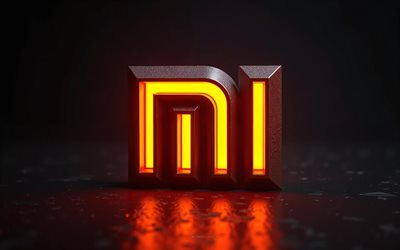 Xiaomi 3d metal logo, 4k, Xiaomi neon logo, creative art orange neon lights, Xiaomi logo, black background, Xiaomi emblem, Xiaomi