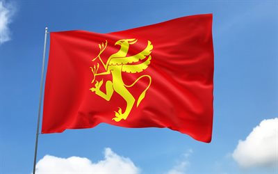 troms flagg på flaggstång, 4k, norska län, blå himmel, troms flagg, wavy satinflaggor, troms flagga, norges län, flaggstång med flaggor, troms dag, norge, troms