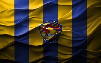 4k, logo vegalta sendai, sfondo 3d giallo blu, j2 league, emblema di vegalta sendai, squadra di calcio giapponese, flag vegalta sendai, texture 3d, giappone, vegalta sendai, calcio, vegalta sendai fc