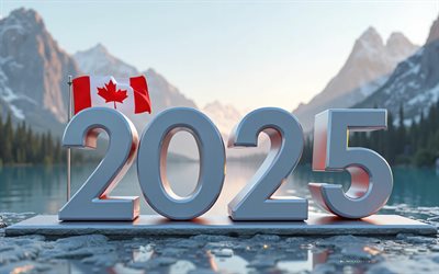 2025 canadá, 4k, viajar para o canadá 2025, 2025 conceitos, canadá 2025 dígitos, lago da montanha no fundo, montanhas rochosas canadenses, 2025 summer canada, bandeira canadense, 2025 dígitos 3d, canadá