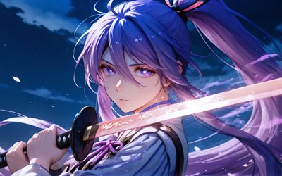 4k, カムイ・ガクポ, 剣, 夜, ボーカロイド, 漫画, 月, ボーカロイド文字, バイオレットの目, カムイ・ガクポ・ボーカロイド