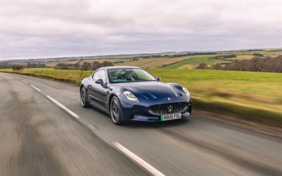 4k, maserati granturismo folgore, autobahn, 2025 autos, supersportwagen, m189, uk spec, blue maserati granturismo, 2025 maserati granturismo, italienische autos, maserati