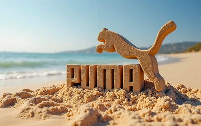 logo puma, 4k, estate, logo puma fatto di sabbia, spiaggia, logo puma 3d, sabbia, palme, emblema puma, puma