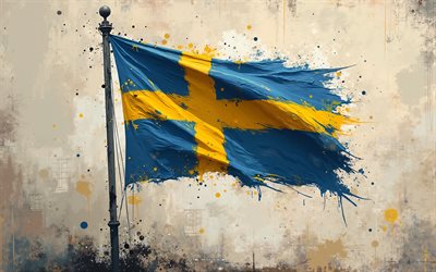 schwedische flagge, 4k, schweden am fahnenmast, schwedische farbe spritzer flagge, grunge  kunst, flagge von schweden, grunge  hintergrund, schweden flagge, europa, schweden