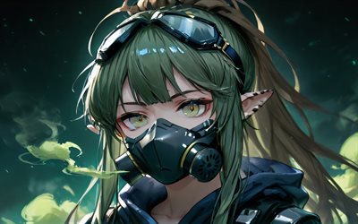 4k, Gavial, greem smoke, manga, Arknights, night, artwork, Medic Operator of Rhodes Island, Gavial the Invincible, Arknights characters, Gavial Arknights