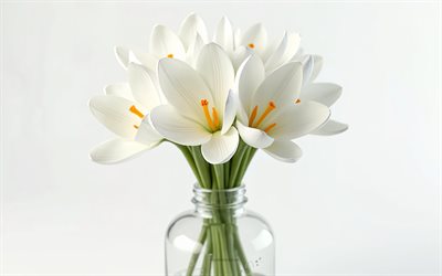 4k, bouquet of white craws, flores 3d blancas, fondo blanco, aficionados blancos, flores de primavera, critos blancos en un jarrón, fondo con azafranes blancas