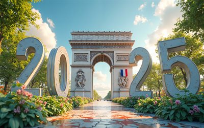2025 frança, 4k, viajar para a frança 2025, 3d 2025 dígitos, 2025 conceito, paris 2025, arco de triomphe, frança 2025 conceitos, verão 2025 em paris, arte criativa, frança, bandeira francesa