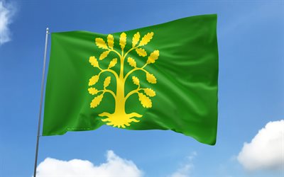 väst agder flagga på flaggstång, 4k, norska län, blå himmel, västerdermassör, wavy satinflaggor, västerdersflagga, norges län, flaggstång med flaggor, västdag, norge, västhandlar