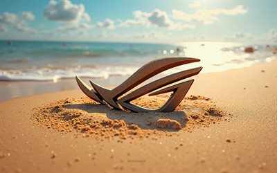 ROG logo, 4k, summer, ASUS ROG logo made of sand, beach, ASUS, 3d ASUS ROG logo, sand, palm trees, ROG emblem, ROG