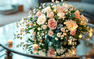 4k, rose rosa, bokeh, bouquet, candele, bouquet di rose, fiori rosa, rose, bellissimi fiori, sfondi con rose
