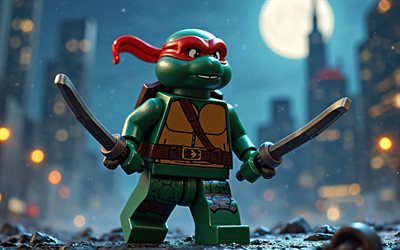 4k, raphael, lego art, paysage nocturne, teenage mutant ninja turtles, art 3d, caractères tmnt, tortues mutées, raphael lego, tortues ninja, tmnt, raphael tmnt