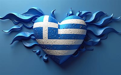 4k, I Love Greece, blue 3D background, creative, Day of Greece, flag of Greece, heart with greek flag, 3D hearts, greek flag, Greece, Love for Greece