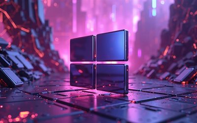 logo windows 10, 4k, art créatif, emblème de windows 10, logo 3d créatif de windows 10, contexte technologique violet, logo windows, systèmes d'exploitation, fenêtre