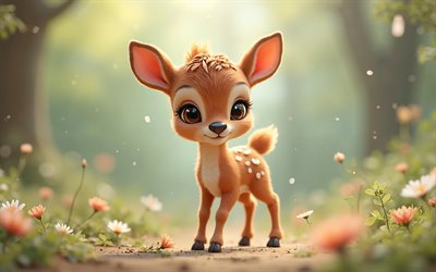 4k, süße 3d  rehhirsch, cartoon 3d roe hirsch, süße tiere, reh, 3d  tiere, cartoon 3d  tiere, lustige rogenhirsche, little roe hirsch, naturhintergrund