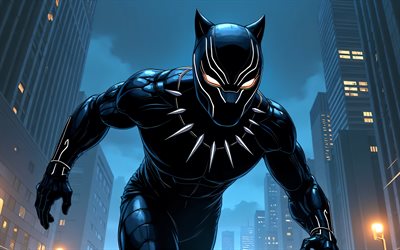 4k, panthère noire, art des bandes dessinées, super héros, comics marvel, paysage nocturne, art abstrait, black panther 4k