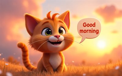 4k, gute nacht, sonnenuntergang, cartoon ingwer katze, 3d  kunst, sprachblasen, gute nachtwünsche, haustiere, katzen, cartoon  katzen, gute nachtkonzepte