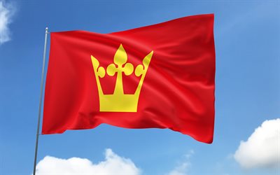 vestfold flagg på flaggstång, 4k, norska län, blå himmel, vestfoldsflagg, wavy satinflaggor, flagga, norges län, flaggstång med flaggor, västdag, norge, avlägsna
