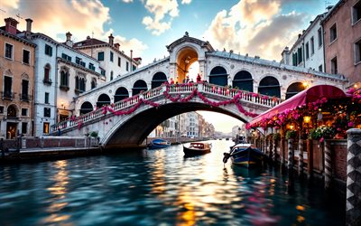 pont de rialto, 4k, bateaux, grand canal, villes italiennes, venise, italie, carnaval, europe, coupe de venise, hdr, paysage urbain de venise