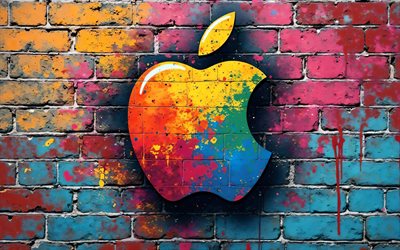 4k, apple graffitiロゴ, ストリートアート, クリエイティブ, カラフルなレンガ科, コンピューターブランド, apple abstract logo, ブランド, appleカラフルなロゴ, アートワーク, アップルロゴ, りんご