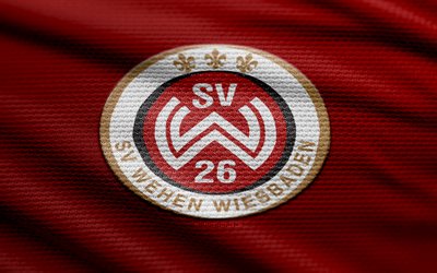 sv wehen wiesbaden logo, 4k, خلفية النسيج الأحمر, 2 البوندسليجا, خوخه, كرة القدم, شعار sv wehen wiesbaden, sv wehen wiesbaden emblem, sv wehen wiesbaden, نادي كرة القدم الألماني, wehen wiesbaden fc
