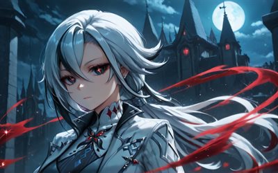 4k, arlecchino, castello, impatto di genshin, notte, occhi rossi, personaggi anime, opera d'arte, personaggi di genshin impact, impatto di genshin di arlecchino