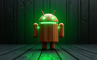 4k, android  puinen logo, vihreä puinen tausta, os  tuotemerkit, 3d  taide, vihreät neonvalot, bokeh, android 3d  logo, atrwork, android  logo, tuotemerkit, androidi