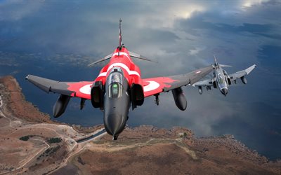 McDonnell Douglas F-4 Phantom II, Turkish Air Force, Turkish flag, Turk Hava Kuvvetleri, F-4, military aircraft, F-4 Phantom II in the sky, Turkey