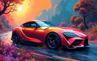toyota gr supra, 4k, abstrakt konst, inställning, superbilar, 3d  konst, japanska bilar, toyota supra, abstrakta bilar, toyota gr ovan, toryota