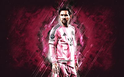Lionel Messi, Inter Miami CF, MLS, Argentina, pink creative background, Argentine footballers, football, grunge art, soccer, Inter Miami, Leo Messi, Major League Soccer, Lionel Andres Messi Cuccittini