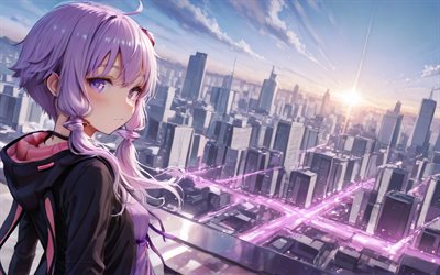 4k, Yuzuki Yukari, sunset, cityscape, Vocaloid, girl with purple hair, protagonist, manga, Vocaloid characters, japanese virtual singers, Yuzuki Yukari Vocaloid