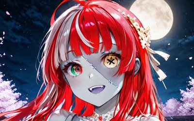4k, kureiji ollie, luna, youtuber virtuale, notte, vtuber, zombie, eterocromia, fiori di ciliegio, sakura, olanto, manga, kureiji ollie channel