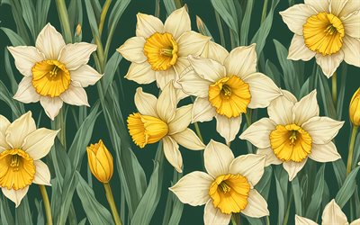narcisos abstractos, 4k, obra de arte, flores abstractas, primavera, narcisos, antecedentes con narcisos, flores de primavera, narcisos amarillos