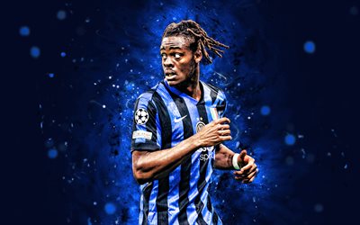 4k, Yann Bisseck, blue abstract background, Inter Milan FC, Serie A, German footballers, blue neon lights, Yann Bisseck 4K, football, soccer, Internazionale, Inter, Yann Bisseck Inter Milan