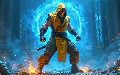 escorpião, 4k, mortal kombat, arte criativa de scorpion, ninja amarelo, fundo azul criativo, scorpion ninja, personagens mortal kombat, mortal kombat ninja