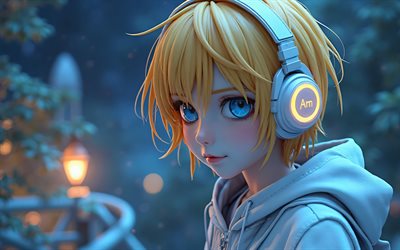 4k, Len Kagamine, night, Vocaloid, 3D art, bokeh, yellow eyes, sunflowers, protagonists, manga, Vocaloid characters, Kagamine Len, japanese virtual singers, Len Kagamine Vocaloid