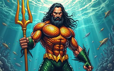 4k, aquaman, art des bandes dessinées, super héros, trident, bandes dessinées dc, jason momoa, sous marin, art abstrait, aquaman 4k