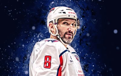Alexander Ovechkin, 4k, blue neon lights, Washington Capitals, NHL, Russian hockey players, Alex Ovechkin 4K, hockey, National Hockey League, Alex Ovechkin, Alexander Ovechkin Washington Capitals