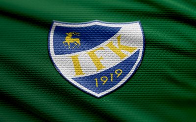 IFK Mariehamn fabric logo, 4k, green fabric background, Veikkausliiga, bokeh, soccer, IFK Mariehamn logo, football, IFK Mariehamn emblem, IFK Mariehamn, finnish football club, Mariehamn FC