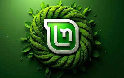 linux mint 3d logo, folhas verdes, emblema do linux mint, logotipo do linux mint, linux, fundo verde, linux mint