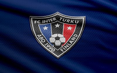Inter Turku fabric logo, 4k, blue fabric background, Veikkausliiga, bokeh, soccer, Inter Turku logo, football, Inter Turku emblem, FC Inter Turku, finnish football club, IFK Inter Turku