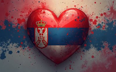 4k, eu amo a sérvia, arte grunge, salpicos de tinta coloridos, criativo, dia da sérvia, bandeira da sérvia, 3d art, coração com bandeira sérvia, corações 3d, bandeira sérvia, sérvia, amor pela sérvia
