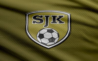SJK Seinajoki fabric logo, 4k, brown fabric background, Veikkausliiga, bokeh, soccer, SJK Seinajoki logo, football, SJK Seinajoki emblem, SJK Seinajoki, finnish football club, SJK Seinajoki FC