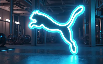 Puma blue neon logo, 4k, bokeh, gym, fashion brands, Puma 3D logo, creative, Puma neon logo, Puma logo, brands, Puma