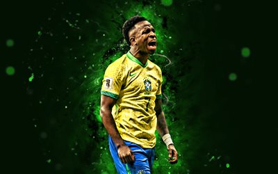 فينيسيوس جونيور, 4k, أضواء النيون الخضراء, فريق كرة القدم الوطني البرازيلي, conmebol, لاعبي كرة القدم البرازيلي, فينيسيوس جونيور 4k, كرة القدم, الفرق الوطنية, فيني جونيور, cbf, فريق فينيسيوس جونيور البرازيل