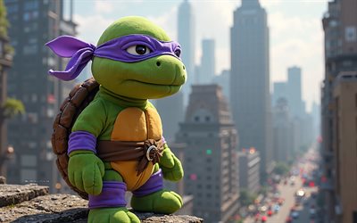 jouet en peluche donatello turtle, paysage urbain, donatello, tmnt, jouet souple donatello turtle, teenage mutant ninja turtles, donatello tmnt, tortues ninja, personnage de donatello