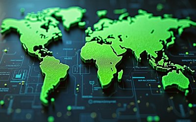 green 3d world map, technology background, creative 3d world map, world map background, digital art, world map concepts