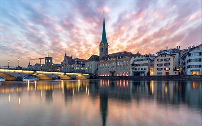 Zurich, Quaibrucke, evening, sunset, stone bridge, chapel, Zurich cityscape, Switzerland