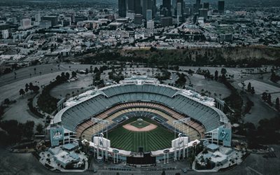 Dodger Stadium, Los Angeles, Major League Baseball, baseball stadium, evening, sunset, Los Angeles panorama, Los Angeles Dodgers stadium, Los Angeles cityscape, California, USA